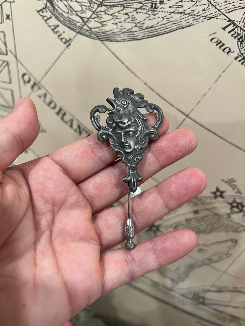 Ornate Vintage Style Art Nouveau Silver-Tone Stick Pin, Goddess & Bird Motif